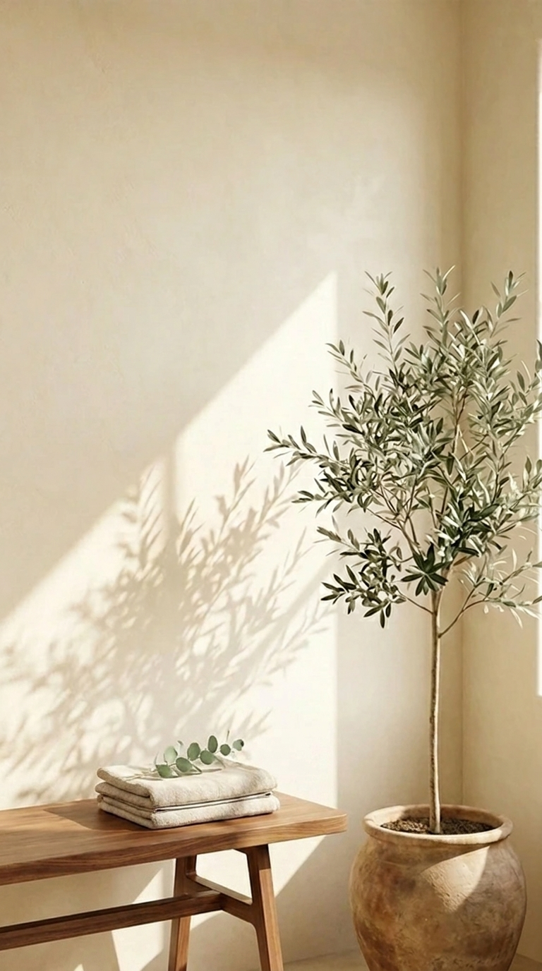 bhare research peptide vial on a travertine pedestal beside an olive tree in a sunlit cream interior